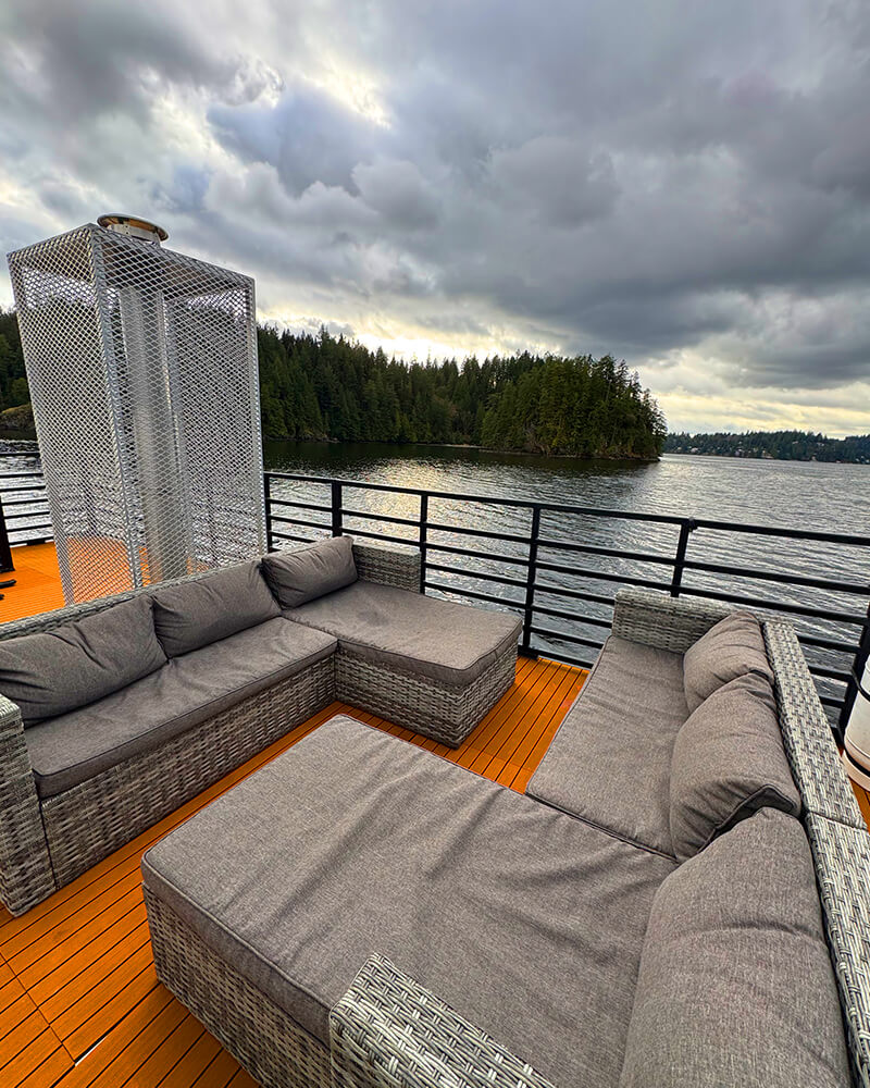 Detailed view of the seating on the upper deck of the Hot Voyage sauna boat.